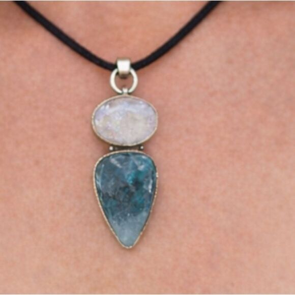 Blue Apatite Rainbow Moonstone 925 overlay pendant organza gift bag necklace - Picture 2 of 5